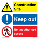 Construction site, keep out,  no unauthorised access multi-message sign Text: 